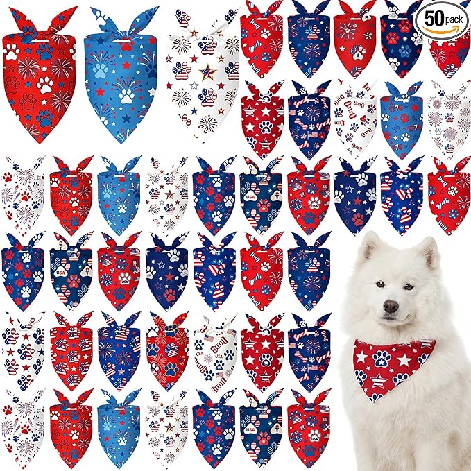 50 Pcs Patriotic Paw Print Dog Bandanas Bulk 4th of July Bandanas by Jeere