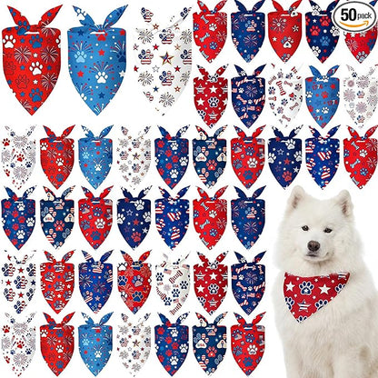 50 Pcs Patriotic Paw Print Dog Bandanas Bulk 4th of July Bandanas by Jeere