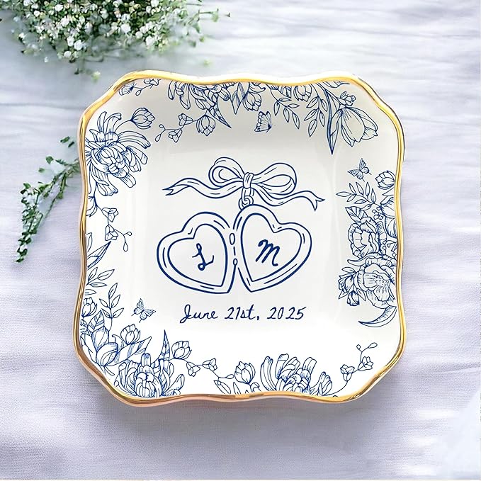 LOVELYPOD Personalized Floral Engagement Trinket Tray, Custom Couple Name by LOVELYPOD