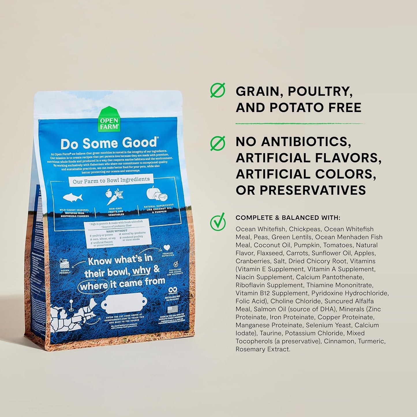 Open Farm, Grain-Free Dry Dog Food, Complete & Balanced Kibble, Sustainably & Ethically Sourced Ingredients, Non-GMO Veggies & Superfoods, Catch-of-The-Season Whitefish Recipe, 4lb Bag