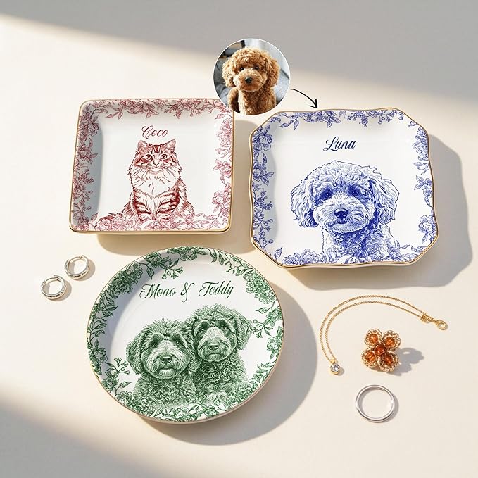 LOVELYPOD Custom Pet Portrait Jewelry Tray, Toile De Jouy Ceramic Dish - Image 3