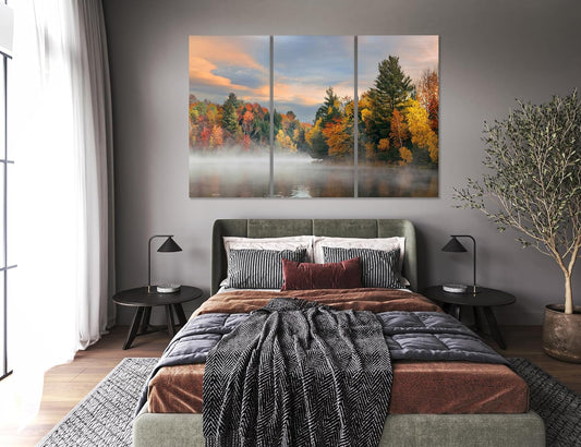Nature Wall Art Prints - Ocean Forest Mountain Lake Canvas Landscapes - Small to Extra Large Living Room Bedroom Kitchen Bathroom Décor (Misty Fall Reflection, 47L" x 71W" - 3 panels)