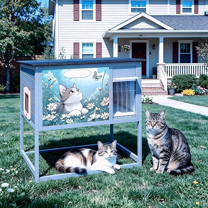 Insulated Outdoor Cat House Weatherproof Elevated Feral Cat Shelter Summer Cool - Image 2