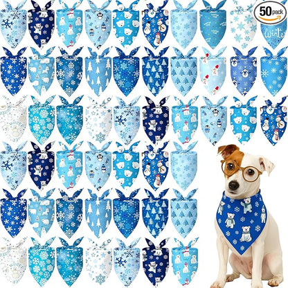 Preboun 50 Pcs Winter Dog Bandanas Bulk Blue Snowflakes Snowmen Bandanas by Preboun