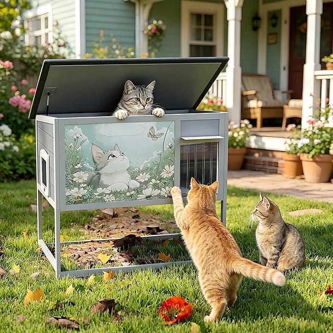 Outdoor Raised Wooden Cat House, Weatherproof Feral Cat Enclosure by COZIWOW