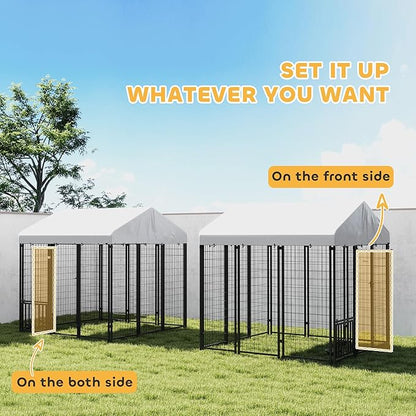 PawHut Outdoor Dog Kennel with Roof, Adjustable Bowls, UV-Resistant & - Image 6
