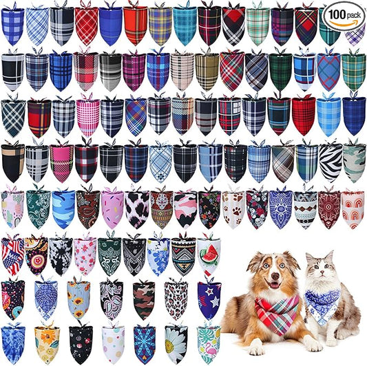 Huhumy 100 Pcs Plaid Dog Bandanas Bulk Pet Bibs Colorful Triangle Scarf Plaid by Huhumy