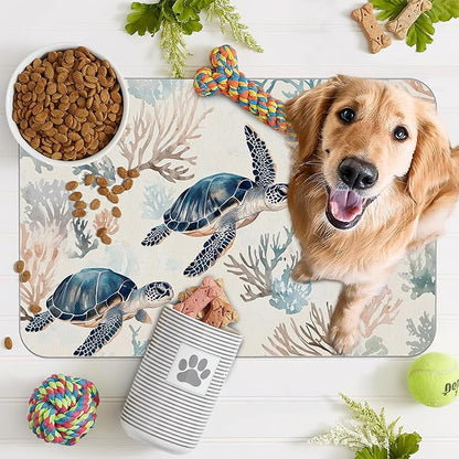 Turtle Dog Cat Food Mat, Coral Absorbent Pet Feeding Mat - Image 7