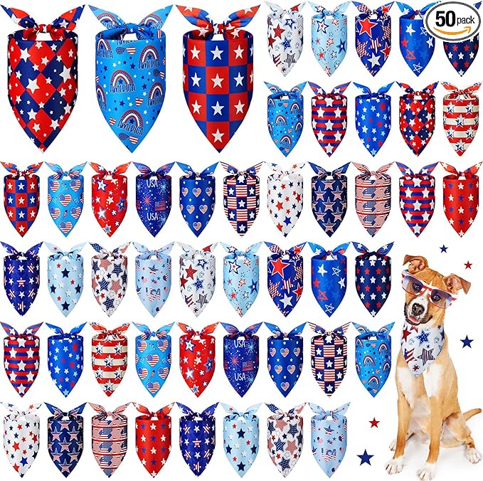 Preboun 50 Pcs Patriotic Dog Bandanas Bulk 4th of July Bandanas by Preboun