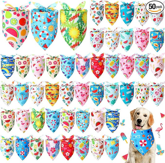Preboun 50 Pcs Summer Bandanas Dogs Bulk Hawaiian Dog Bandanas Fruit Kerchief by Preboun