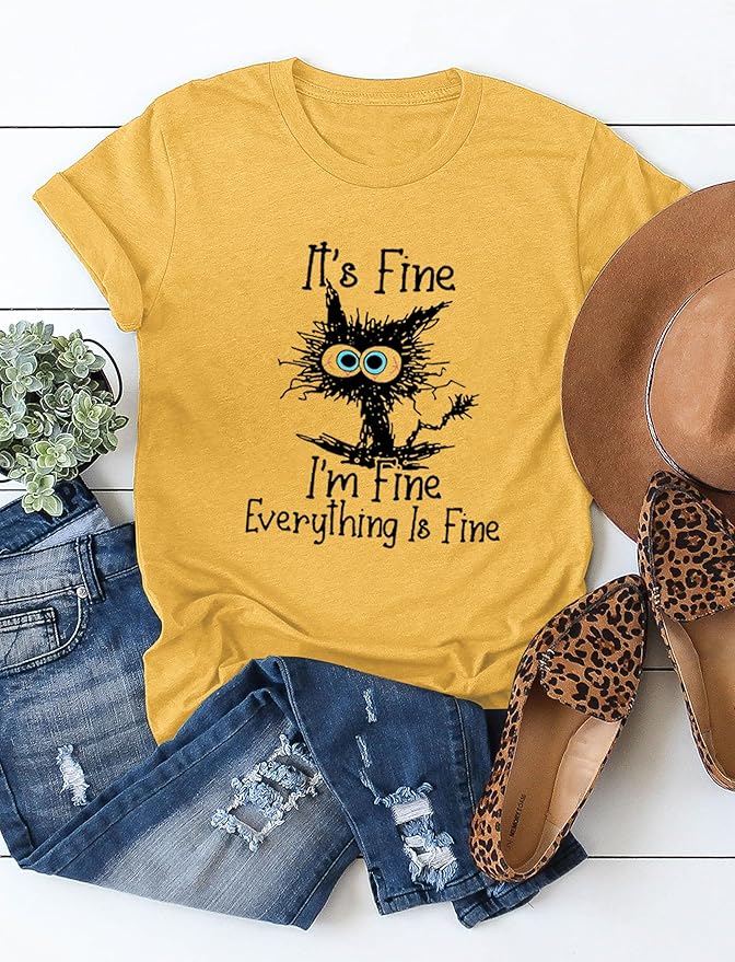 Funny Cat T Shirts for Women Everything is Fine Graphic Tees Casual Short - Image 4