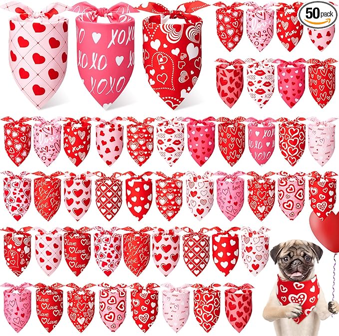 50 Pcs Valentines Day Dog Bandanas Bulk Red and Pink Heart Bandanas by Jeere