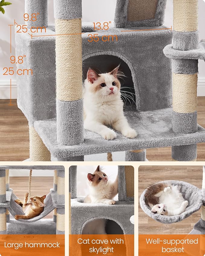 Feandrea Cat Tree, 66.1-Inch Large Cat Tower, 2 Perches, 2 Caves, Light Gray - Image 6