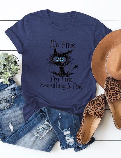 Funny Cat T Shirts for Women Everything is Fine Graphic Tees Casual Short - Image 4