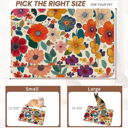 Floral White Dog Food Mat for Floors, Boho Absorbent Quick-Dry Pet Feeding Mat - Image 2
