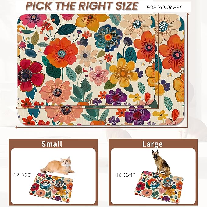 Floral White Dog Food Mat for Floors, Boho Absorbent Quick-Dry Pet Feeding Mat - Image 2