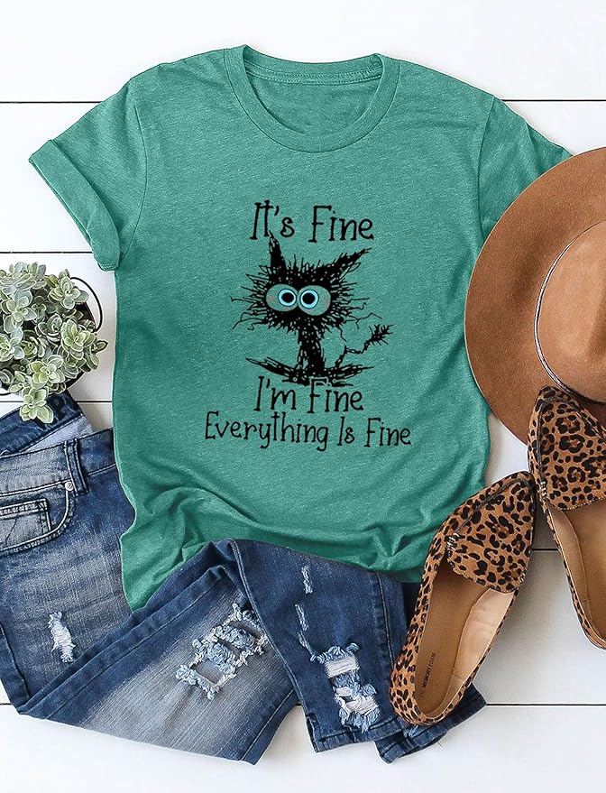 Funny Cat T Shirts for Women Everything is Fine Graphic Tees Casual Short - Image 4