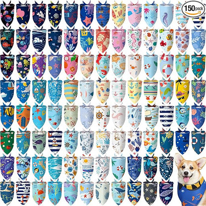 Huhumy 150 Pcs Ocean Dog Bandanas Bulk Summer Pet Bibs Triangle Ocean Themed by Huhumy
