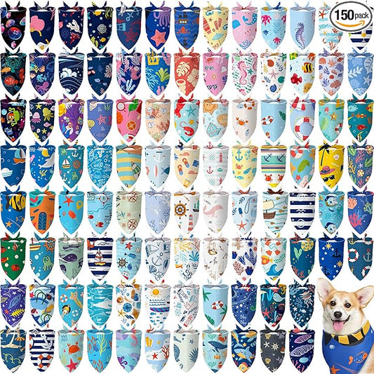 Huhumy 150 Pcs Ocean Dog Bandanas Bulk Summer Pet Bibs Triangle Ocean Themed by Huhumy