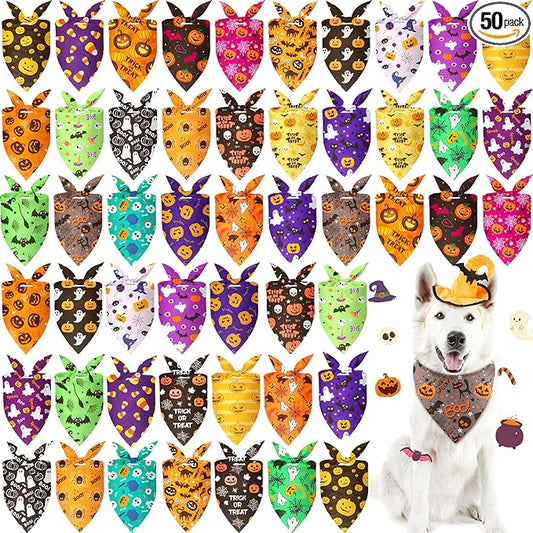 Preboun 50 Pcs Halloween Dog Bandanas Bulk Pumpkin Ghost Bandanas by Preboun