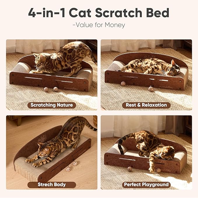 FUKUMARU 26 Inch Cat Scratcher Bed, 2 Reversible Cardboard Cat Scratch Pads - Image 2