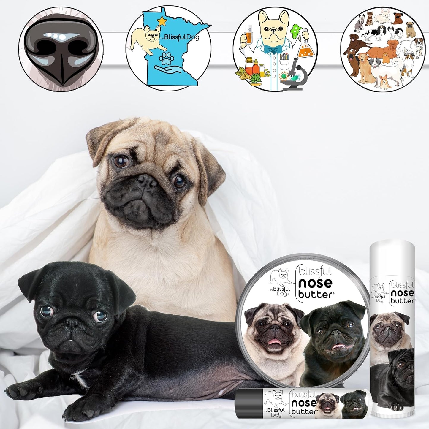 The Blissful Dog Pug Duo Unscented Nose Butter - Dog Nose Butter, 16 Ounce