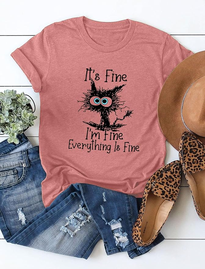 Funny Cat T Shirts for Women Everything is Fine Graphic Tees Casual Short - Image 4