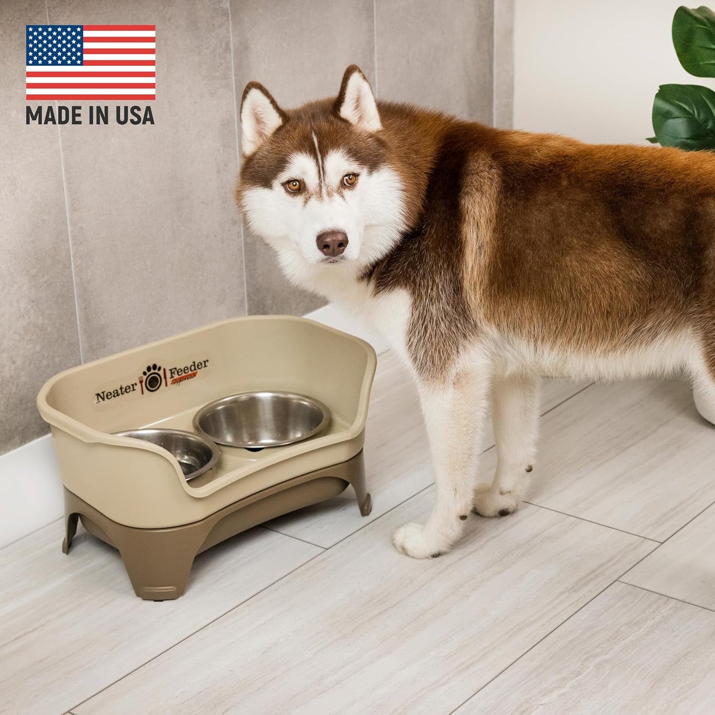 Neater Feeder Express Mess Proof Dog Bowls Elevated for Medium and Large Breed – Made in USA – No Spill Raised Slow Feeder Elevated Dog Bowl Stand, Slow Feed Food and Water Bowl Set, Cappuccino