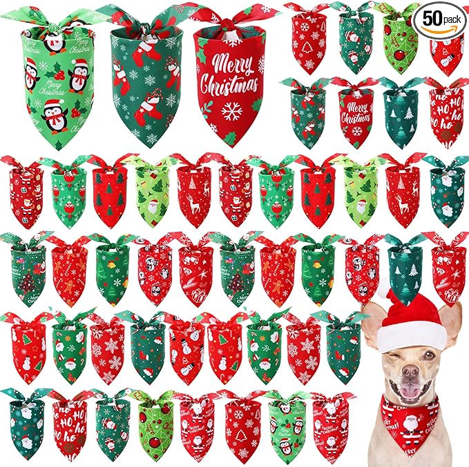Preboun 50 Pcs Christmas Dog Bandanas Bulk Red and Green Bandanas by Preboun