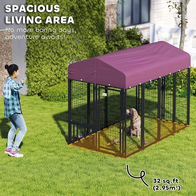 PawHut Outdoor Dog Kennel with Roof, Adjustable Bowls, UV-Resistant & - Image 3