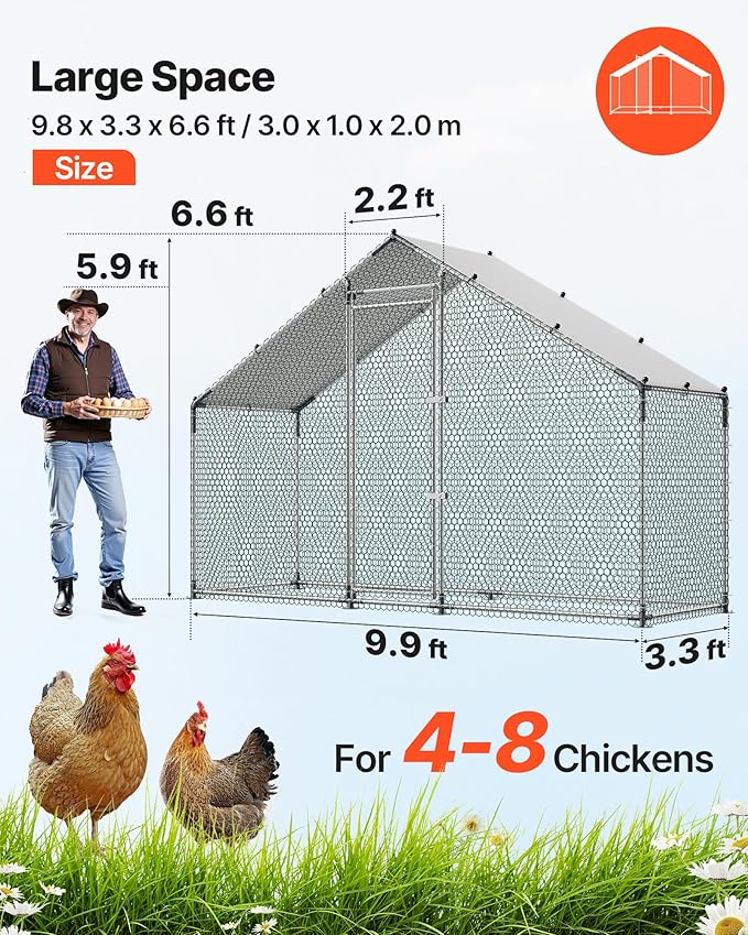 VEVOR Large Metal Chicken Coop, 9.8 x 3.3 x 6.6 ft, Walk-in Chicken Run House - Image 2