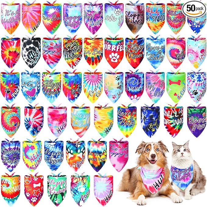 Huhumy 50 Pcs Tie Dye Dog Bandanas Bulk Pet Bibs Colorful Triangle Scarf Tie Dye by Huhumy