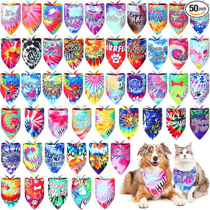Huhumy 50 Pcs Tie Dye Dog Bandanas Bulk Pet Bibs Colorful Triangle Scarf Tie Dye by Huhumy