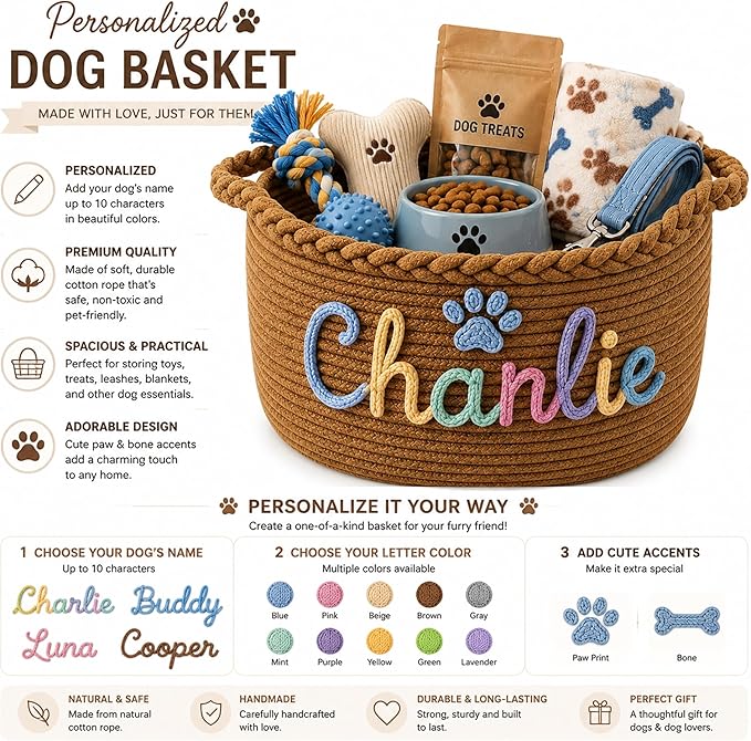 JUPPE Pet Dog Basket with Personalized Name, Dog Toys Storage Organizer Custom - Image 2