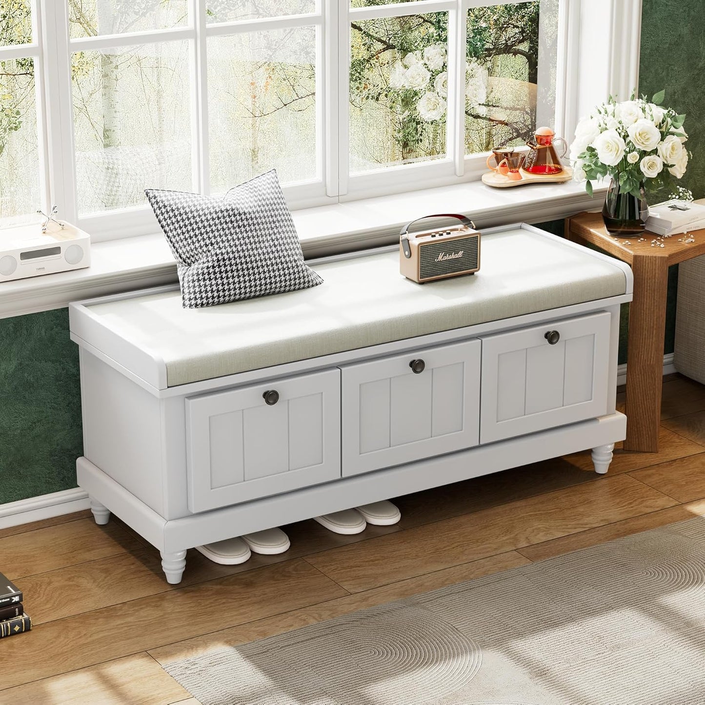 Classic Shoe Storage Bench with Cushion and Three Drawers, Fluted Entryway Bench with Storage for Entryway, Living Room, Hallways 44.0" L x 15.9" W x 18.9" H Gray Wash