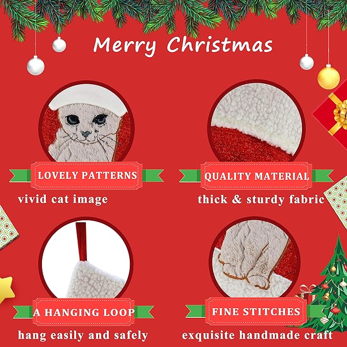 WEWILL 20'' Cute Cat Christmas Stockings Embroidered Xmas Socks Holiday Party - Image 4