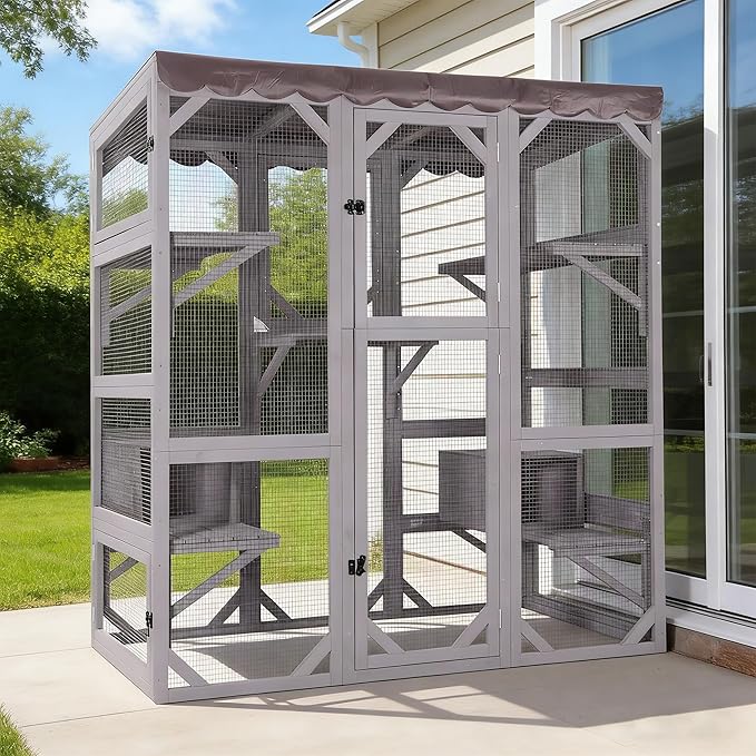 70.1’’ Large Wooden Catio Outdoor Cat Enclosure, Hammock and Scratching Post by Aivituvin