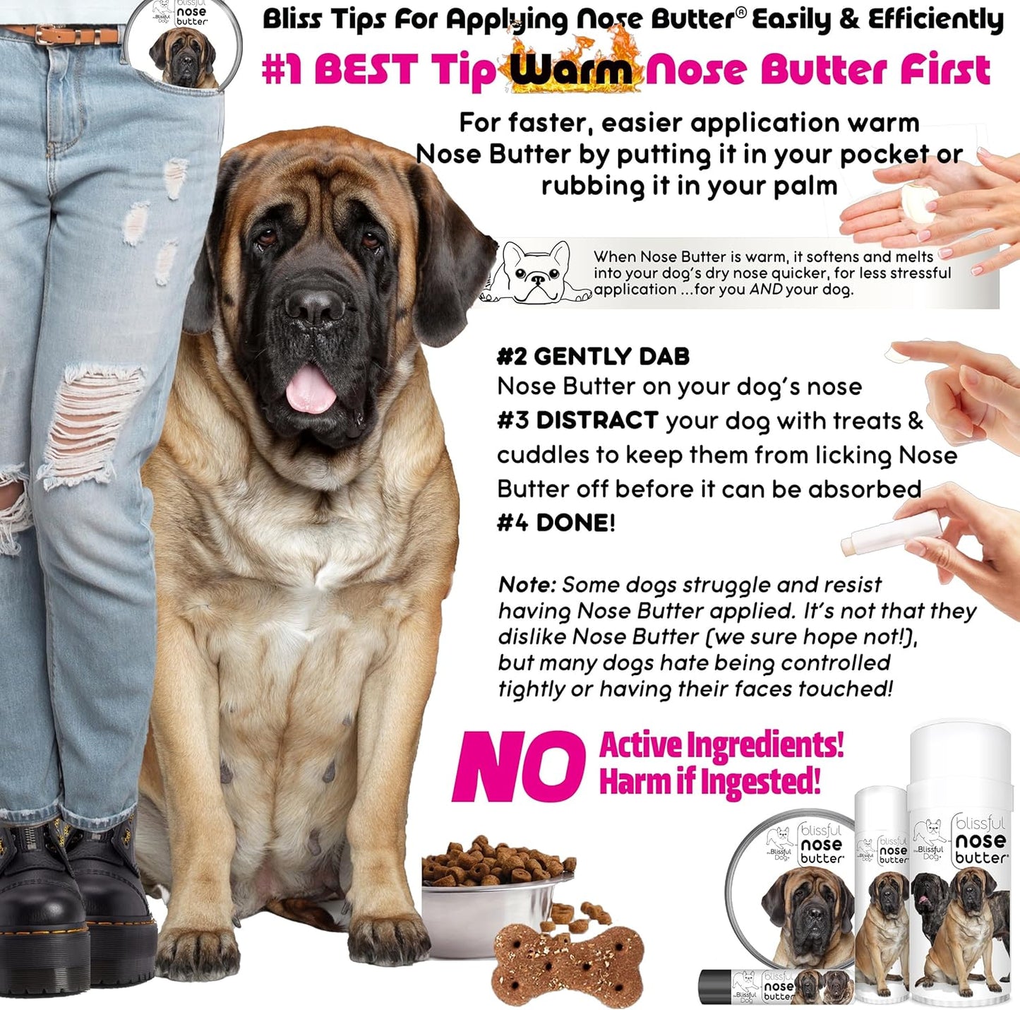 The Blissful Dog Mastiff Nose Butter for Dry, Cracked Skin, Lick-Safe Dog Nose Balm with Moisturizing Shea Butter, Almond, Olive, and Essential Oils, Pet Supplies, Uncented, 1 oz.