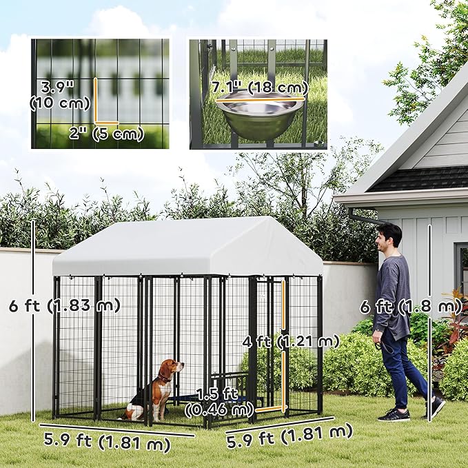 PawHut Outdoor Dog Kennel with Roof, Adjustable Bowls, UV-Resistant & - Image 7