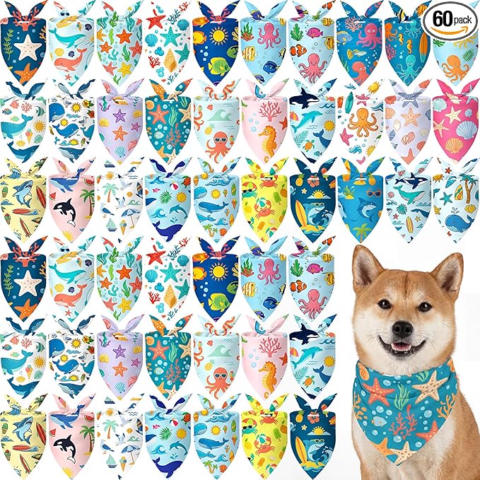 Tallew 60 Pcs Sea Animals Dog Bandanas Bulk Ocean Summer Blue Charm Kerchief by Tallew