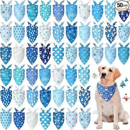 Preboun 50 Pcs Winter Dog Bandanas Bulk Blue Snowflakes Snowmen Bandanas by Preboun