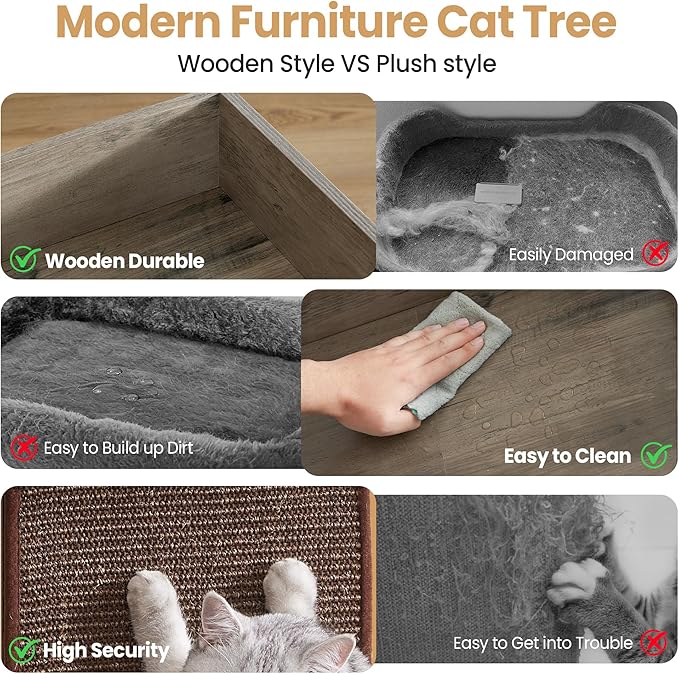 Modern Wood Cat Tree Tower for Indoor Large Cats, 33.8-Inch Tall Wooden Cat - Image 5