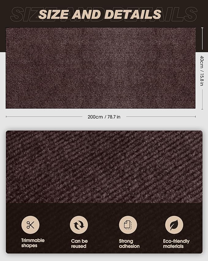 VIVOYAN 78.7"x15.8" Cat Scratch Mat, Trimmable Self-Adhesive Carpet, DIY Climb - Image 2
