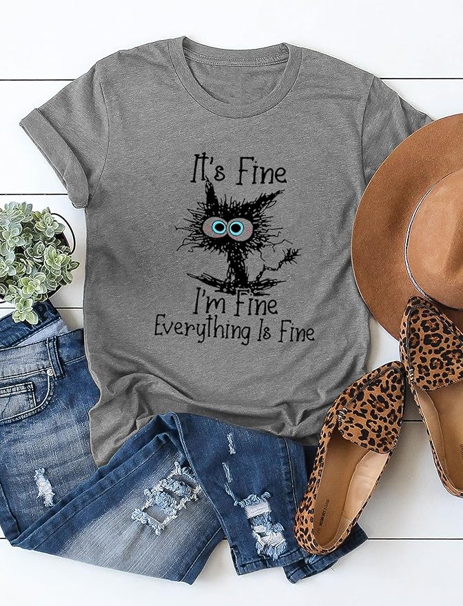 Funny Cat T Shirts for Women Everything is Fine Graphic Tees Casual Short - Image 4