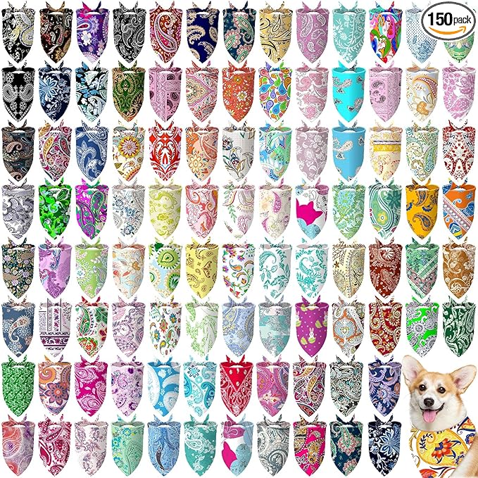 Huhumy 150 Pcs Paisley Dog Bandanas Bulk Pet Bibs Colorful Triangle Scarf Pet by Huhumy