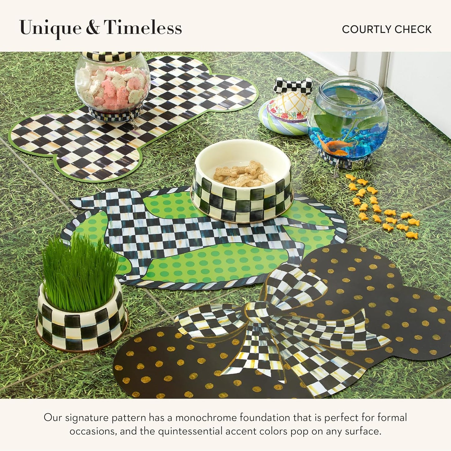 MACKENZIE-CHILDS Pup Placemat, Cute Pet-Food Mat for Dog Bowls and Cat Bowls, Courtly Bow