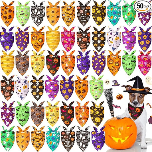 Preboun 50 Pcs Halloween Dog Bandanas Bulk Pumpkin Ghost Bandanas by Preboun