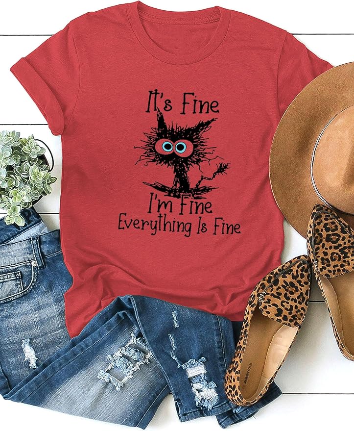 Funny Cat T Shirts for Women Everything is Fine Graphic Tees Casual Short - Image 3