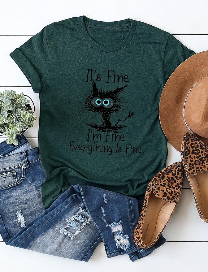 Funny Cat T Shirts for Women Everything is Fine Graphic Tees Casual Short - Image 4