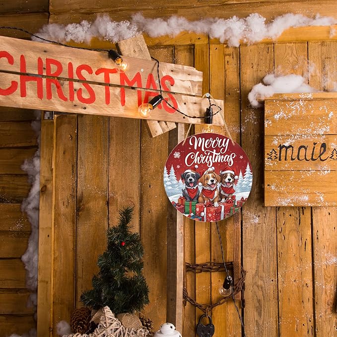 Three Little Dogs Wooden Merry Christmas Hanging Sign, 10 Inches Round - Image 3